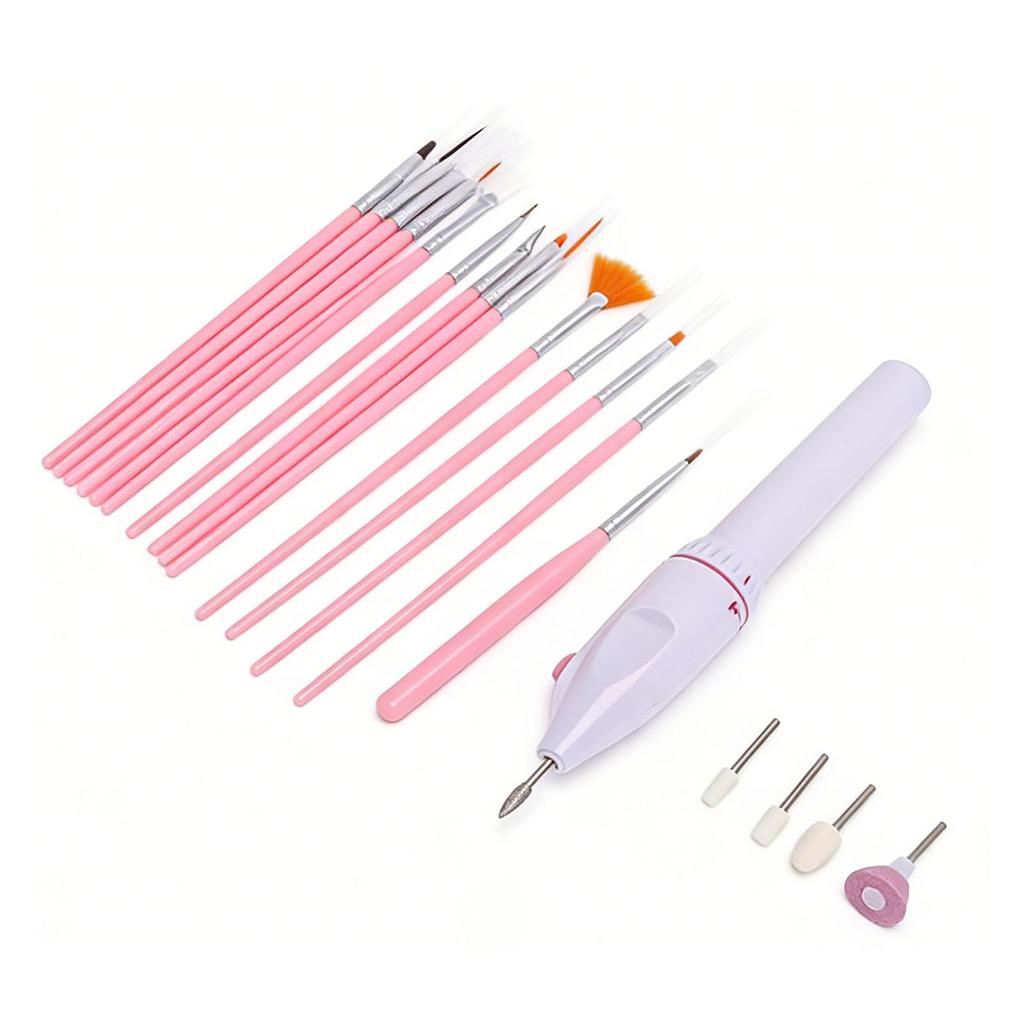 Electric Manicure Nail Drill Battery Powered File Grinder with 5 Drill Bits 15pcs Nail Art Brushes Set for DIY