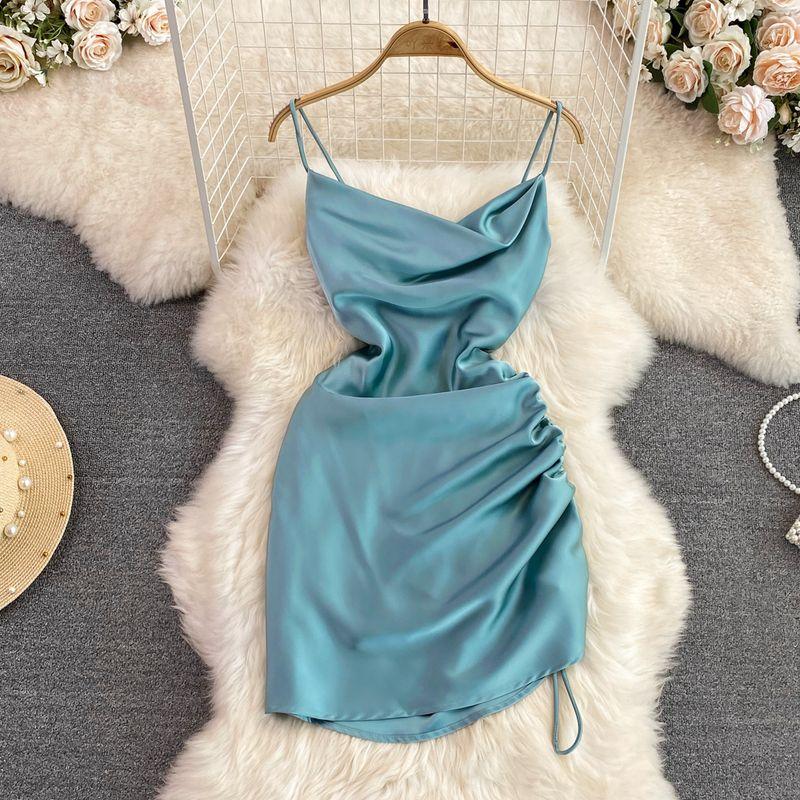 

Sexy V-neck Pleated Summer Asymmetrical A- line Slip Dress Blue S