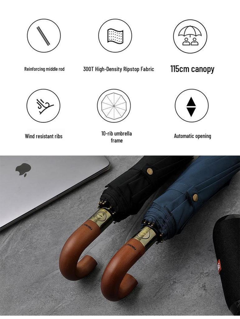 PARACHASE Windproof Auto Open/Close Umbrella with Wooden Curved Handle and Ten Ribs for Two People