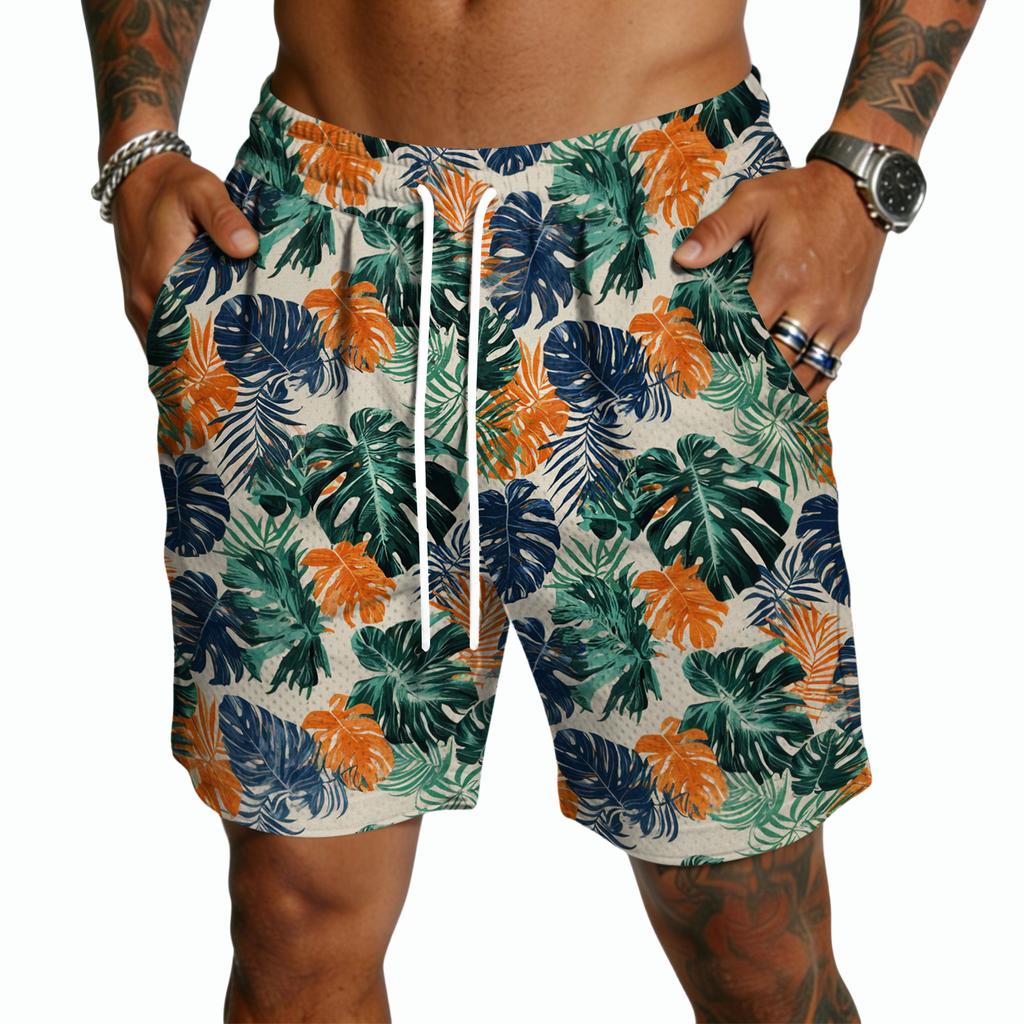 Herren Freizeitshorts mit Kordelzug Leichte Schnelltrocknende Fünf-Punkt-Länge Hawaiianischer Print Sommer Strandmode Badeshorts