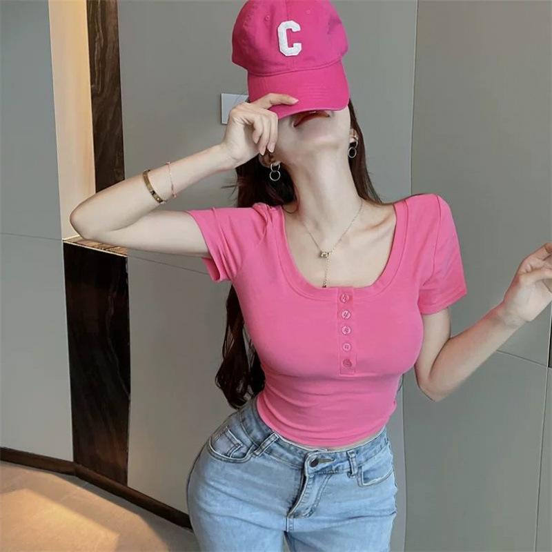Women's Rose Red Slim Fit Short-Sleeve Crop Top - Stylish & Youthful Summer Essential