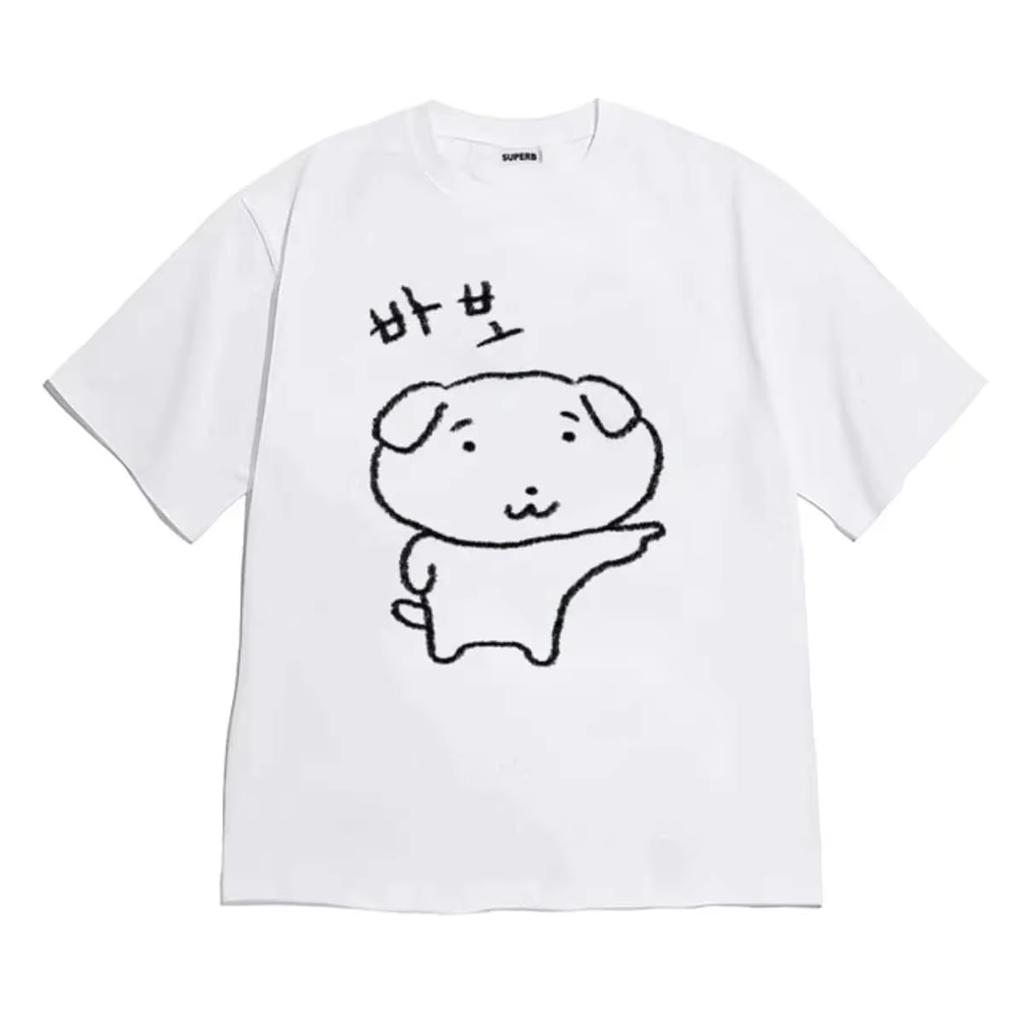 Simple Sketch Puppy Korean Hangul Letter Print T Shirt Unisex Loose Cotton Short Sleeve Kawaii Aesthetic Harajuku Casual Tees