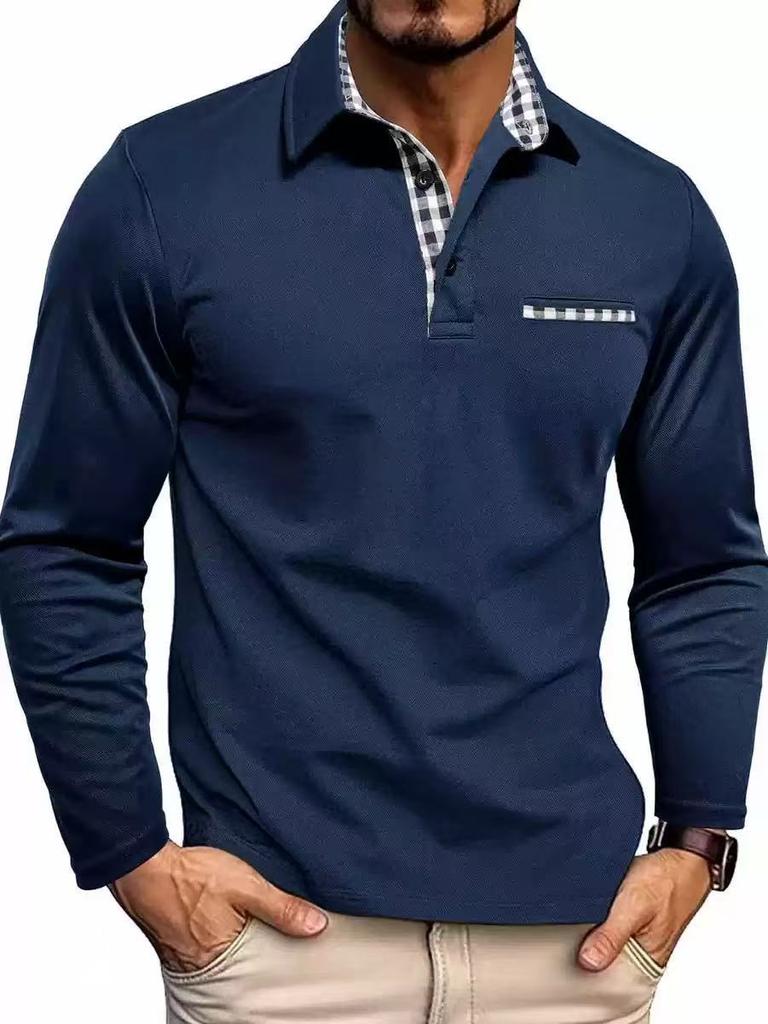 2026 New European and American Men's Casual Fashion Long-sleeved POLO Shirt, Foreign Trade Lapel Long-sleeved Color Matching T-shirt