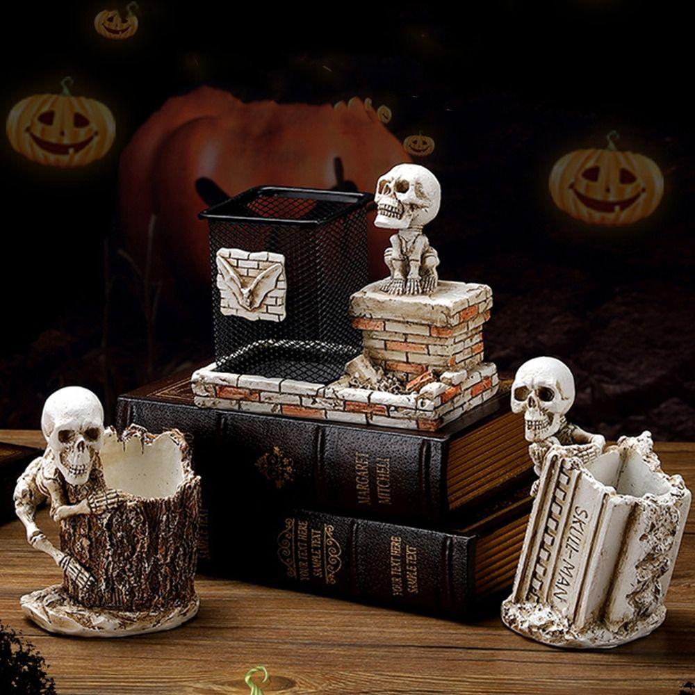 Scary Halloween Skull Pen Holder Funny Skeleton Statue Ornament Haunted House