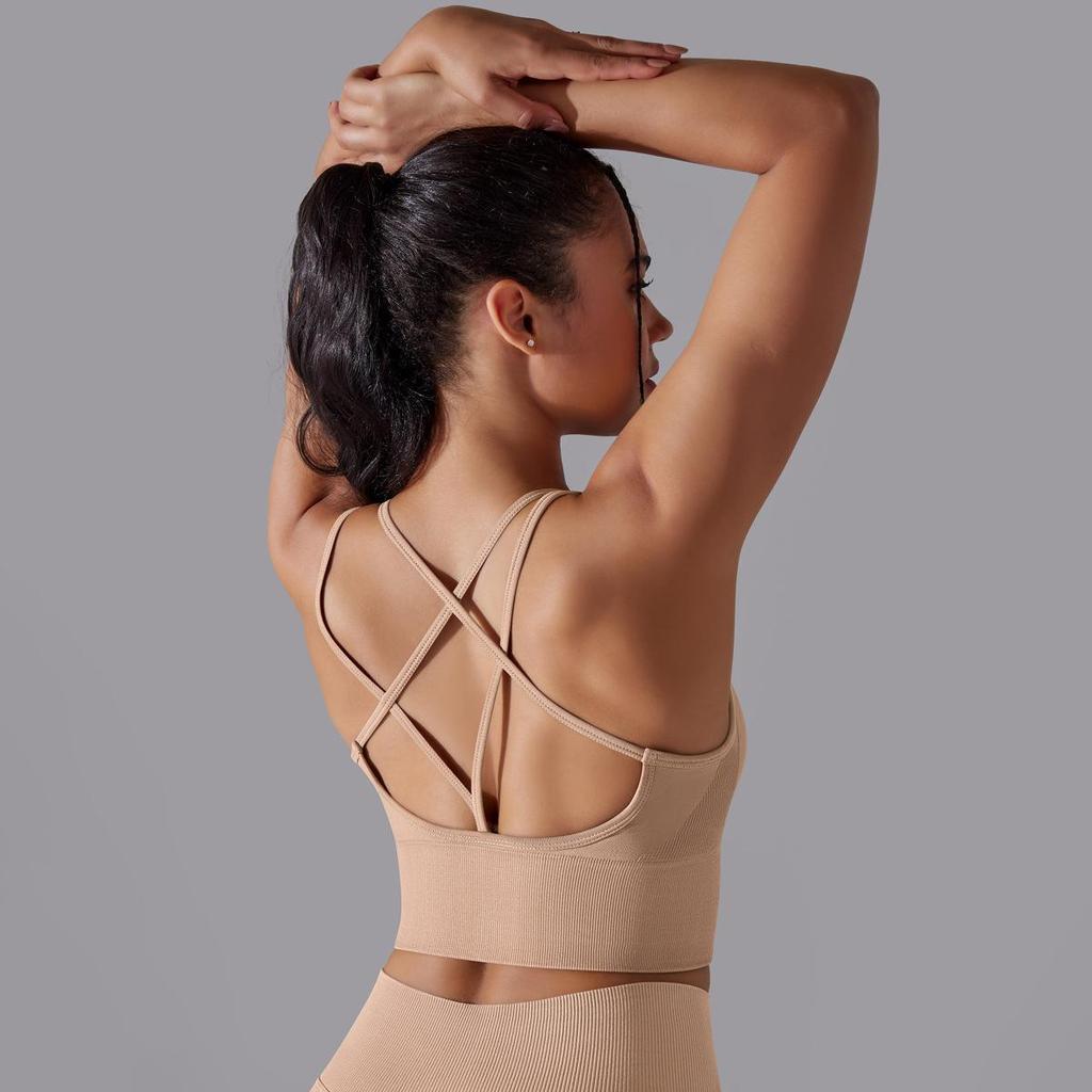 Solid Color Cross Back Sports Bra, Tight Fitting, Shock-absorbing, Gathering, High-strength Vest, Yoga And Fitness Bra For Women