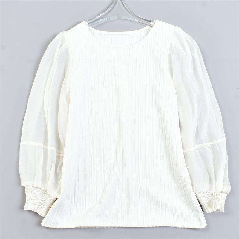 

Orders Exported to Japan Boutique Splicing Style T-shirt Women 429 L82019 round Neck Pullover Tulle Lantern Long sleeve Spring and Summer Casual Top 1 beige 38