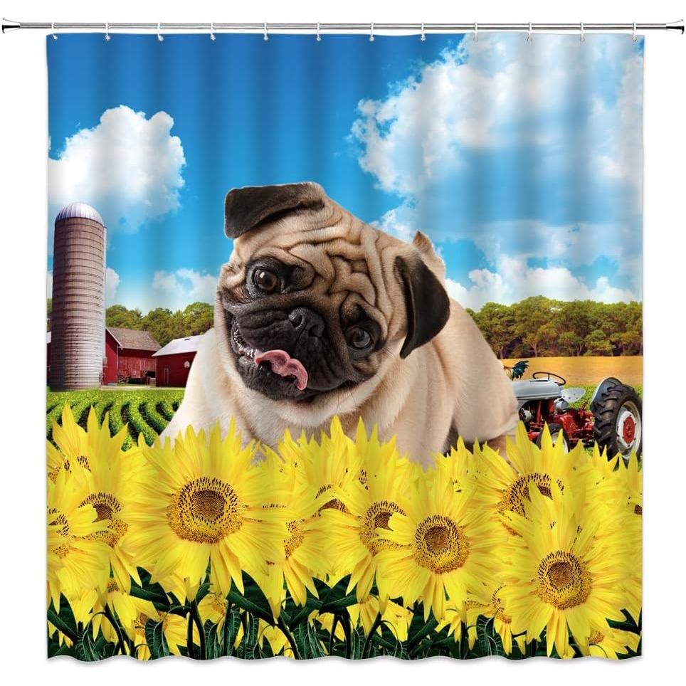 

Cute Bulldog Shower Curtain Sunflower Farm Blue Sky Country Farmhouse Funny Pug Dog Puppy Kids Pet Creative Animal Plant Child W60H190(CM)-1 Pcs