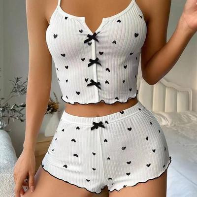 Sleepwear Women Pajamas Set Heart Print Soft Ribbed Fabric with Flirty Frill Trim Casual Top and Shorts Sets Loungewear New