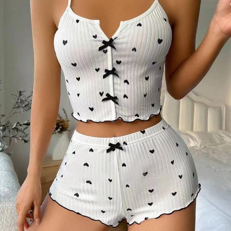 

Sleepwear Women Pajamas Set Heart Print Soft Ribbed Fabric with Flirty Frill Trim Casual Top and Shorts Sets Loungewear New XL білий
