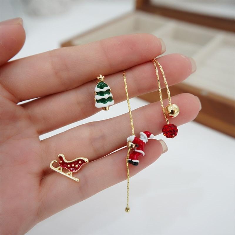 Asymmetric Earrings Santa Claus Dangle Earrings Long Tassel Berry-Pendant Stud Earring for Women Girl Christmas-Decor