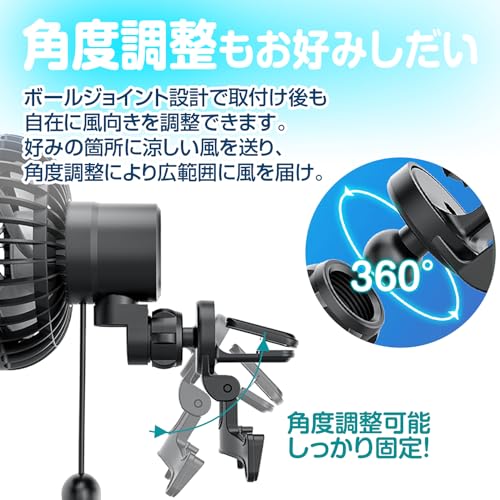 K-FAN14-B Bilfläkt med Automatisk Svängande Huvud, 3 Nivåer för Luftflöde, LED-ljus, 360-Graders Rotation, Justerbar Vinkel, Energibesparande och Tyst