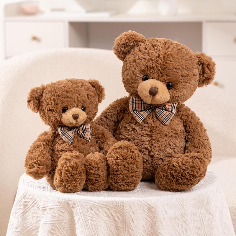 Kawaii Bow Tie Bear Doll Plush Toy Brown Hug Pillow for Home Living Room Bedroom Birthday Gift Soft Stuffed Bear