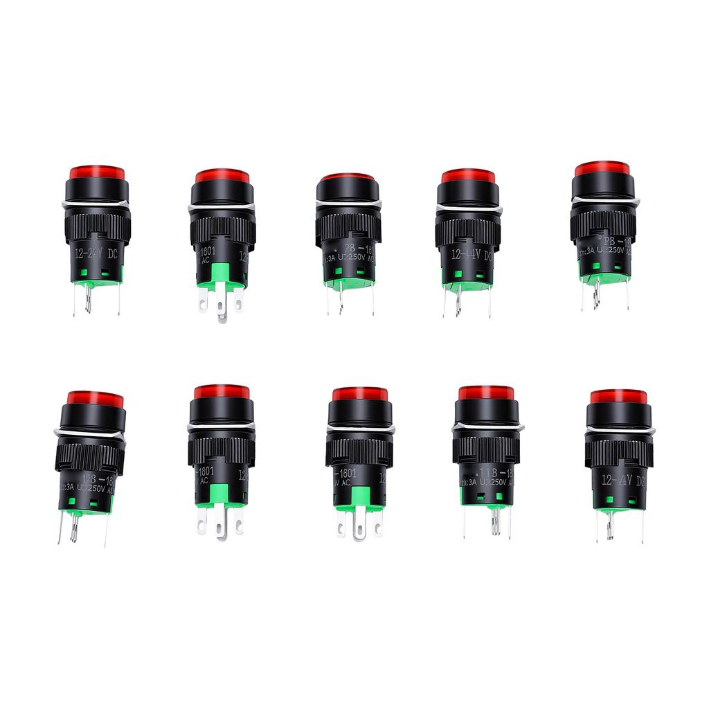 10PCS Round Illuminated Push Button Switch 16mm 5Pin Green Reset Button Control Switch with LED Indicator