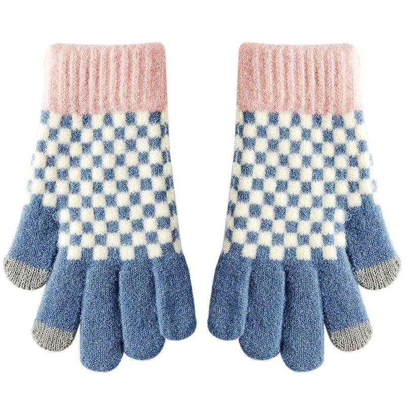 Neue Touchscreen Winter Warme Strickhandschuhe für Damen Karierte und Fleece Farbblock Wollhandschuhe