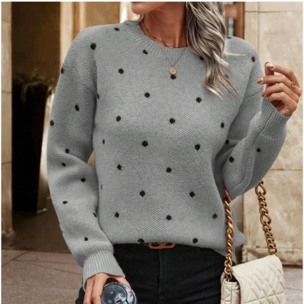 Women's Sweaters, Fashion Round Neck, Long-sleeved Pullover Sweaters, Women's Polka Dot Knitwear Tops