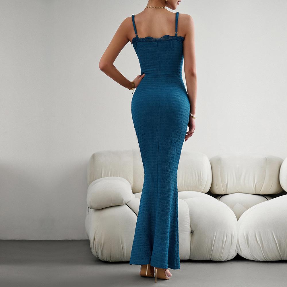 Damen Herbst Neckholder ärmellos einfarbig Sexy Fit Slim Strap Langes Kleid