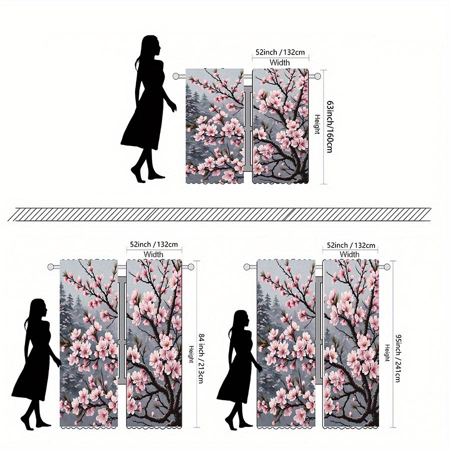 2pcs Cherry Blossom Print Curtains - Light Filtering, Rod Pocket Design, Polyester Microfiber, Floral Pattern for Living Room &