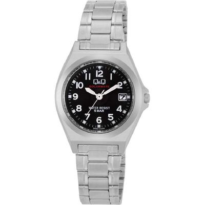 Q&Q Analog Solar Waterproof Date Watch H061-205 Ladies Silver Metal Band Black Dial