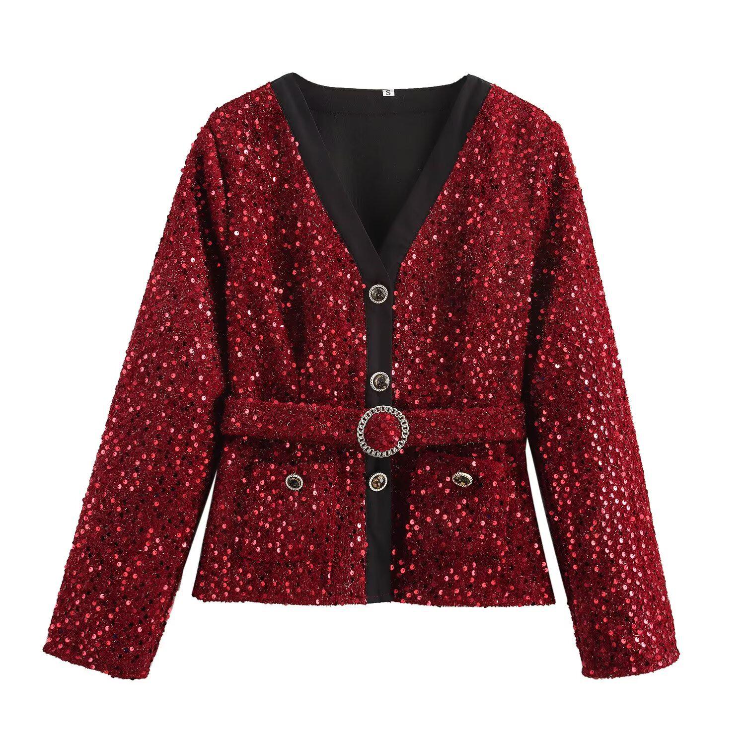 

Элегантный женский твидовый жакет с цветными блоками на осень 2024 года - европейский и американский стиль Large красный