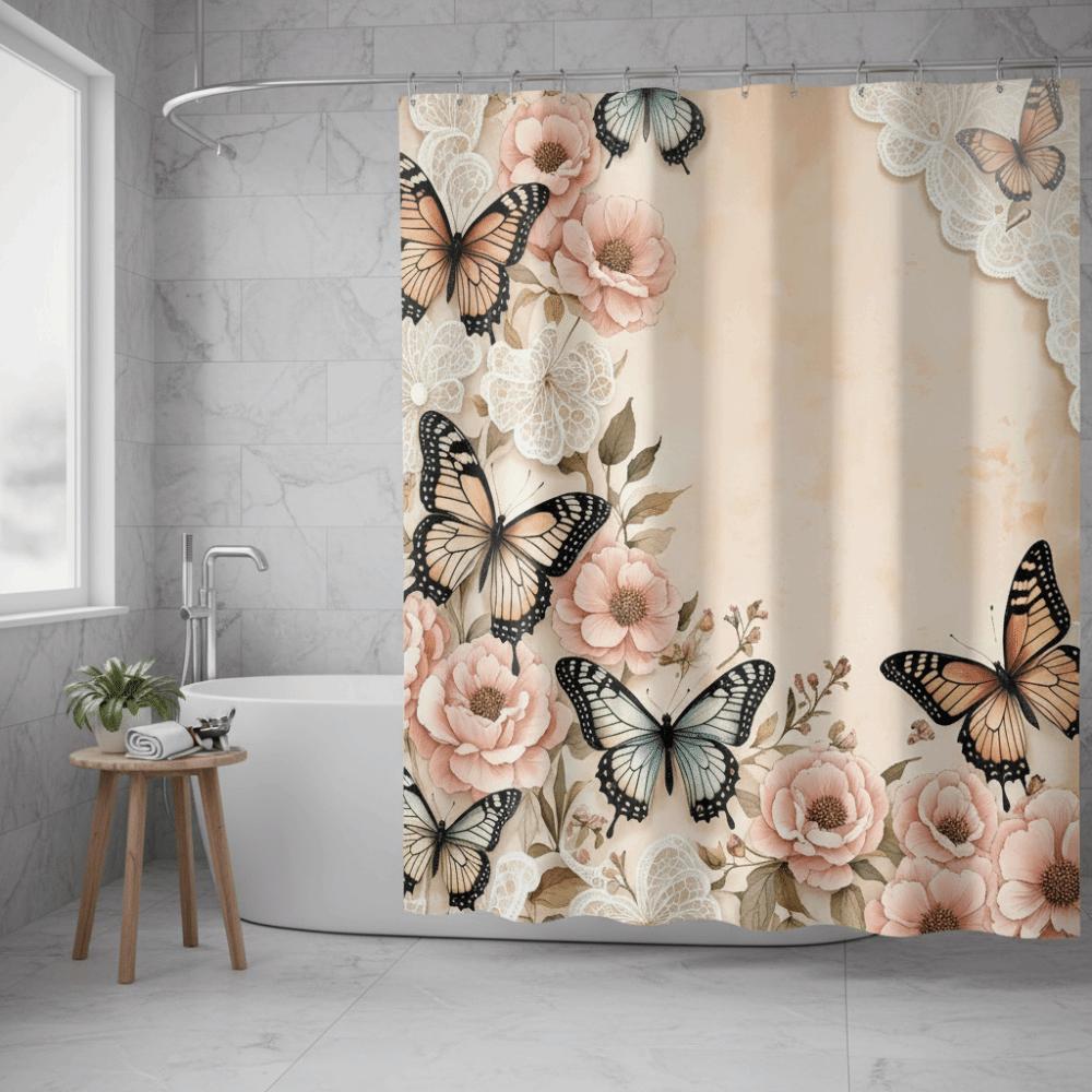 Modern Floral Printed Bathtub Curtain Metal Buttonhole Bath Sheer Dormitory