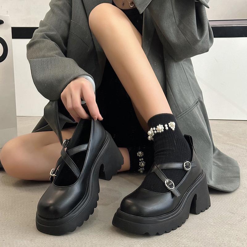 Rimocy Patent Leather Ankle Strap Lolita Shoes Women Thick Heels Platform Mary Janes Woman Sweet Lovely High Heeled Pumps 2024