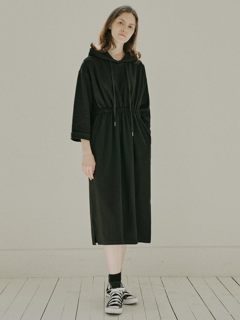 Avang Waistband Hood Long Dress - Black