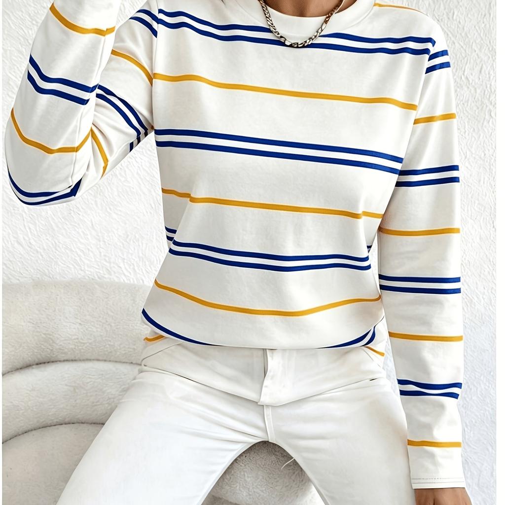 Women's round neck casual basic contrast striped long-sleeved T-shirt simple commuting