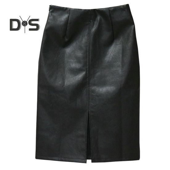 Women Skirt High Waist Sheath Slim Fit Skinny Faux Leather Split Hem Knee Length Solid Color Smooth Zipper Closure OL Commute Lady Midi Skirt