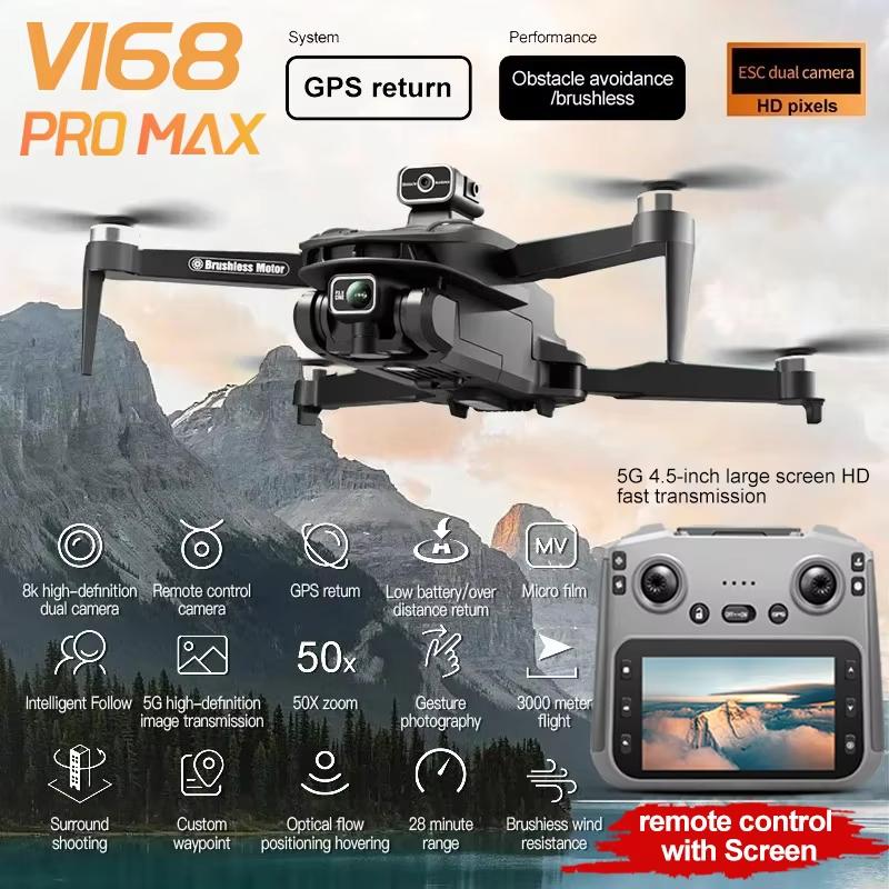2025 V168 MAX Upgraded LCD Screen RC FPV Drone 8K HD Camera 5G WIFI 360° Obstacle Avoidance GPS Drone Brushless RC Quadcopter Toys Dron