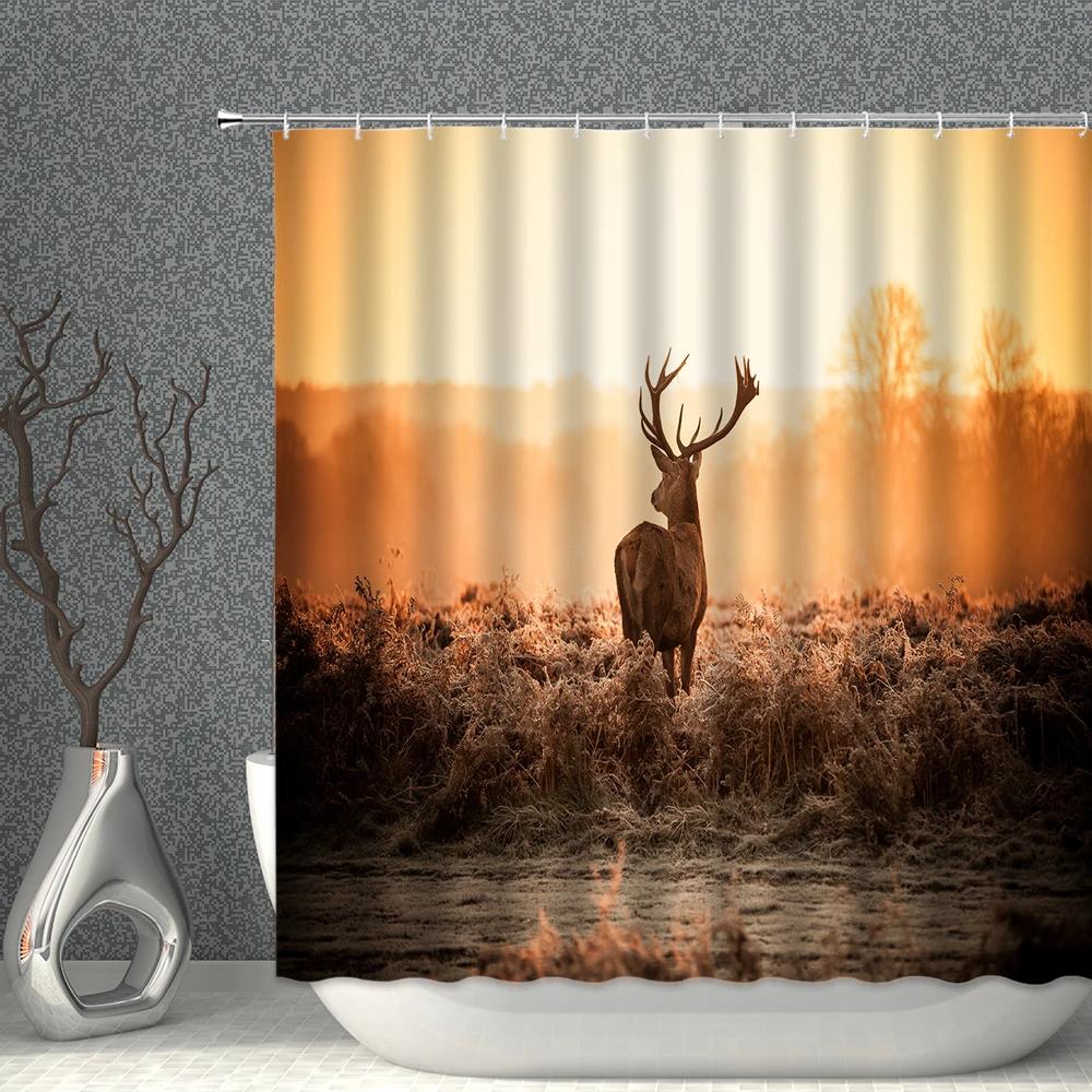 Animals Landscape Shower Curtain Set Wild Elk Forest Trees Green Plants Grassland Home bathroom Decor Hanging curtains Washable