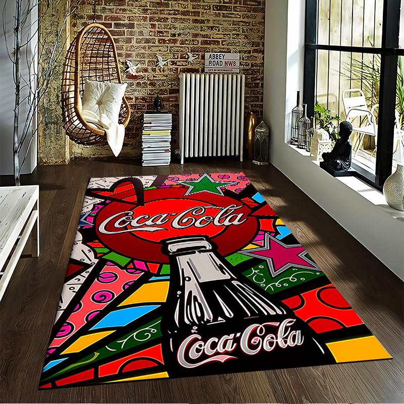 Colorful Pop Art Carpet with Coca-Cola Logo Bottle and Stars Design Suitable for Use As an Anti-slip for Living Room Bedroom Sofas