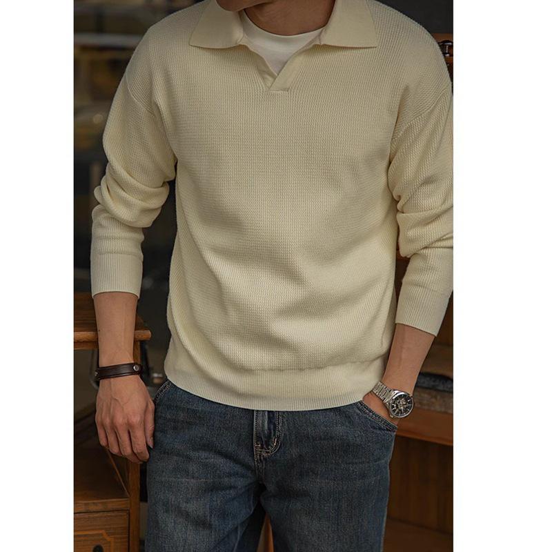 Men's Retro Heavyweight Knit Pullover Polo Sweater for Autumn/Winter
