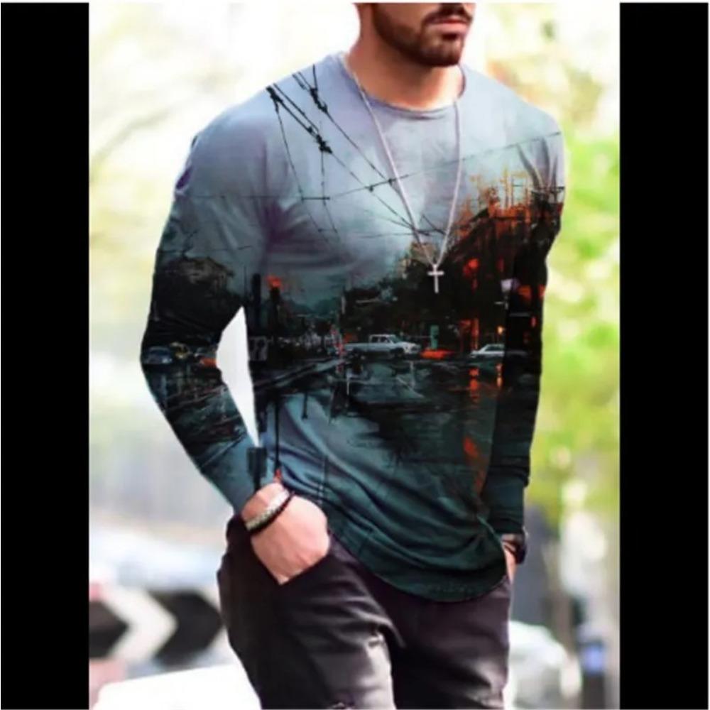 Camiseta masculina retrô com gola redonda e manga comprida, estampa colorida em bloco 3D, primavera, outono, solta, casual, roupa masculina