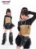 Mädchen Jazz Dance Pailletten Trägerloses Kostüm Set mit Langen Ärmeln und Hose