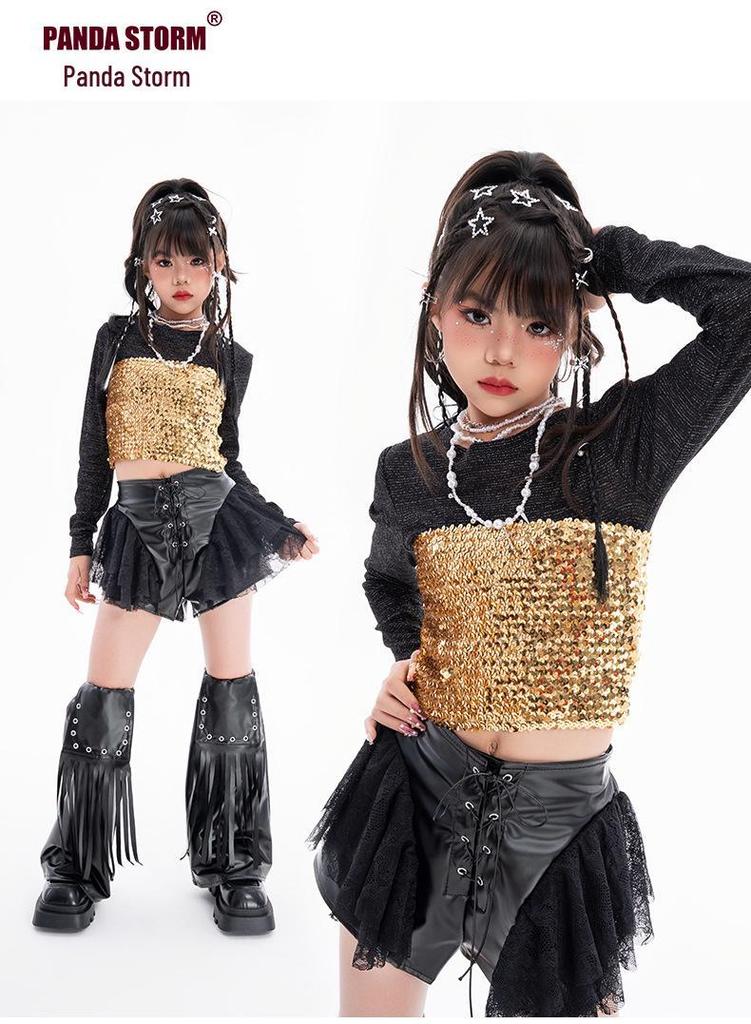 Mädchen Jazz Dance Pailletten Trägerloses Kostüm Set mit Langen Ärmeln und Hose