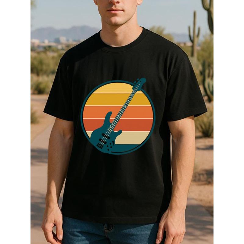 

European Size Sunset Guitar Musician Men s Printed Short-sleeved T-shirt, Normal Round-neck Top, Men s Clothing, Men s Simple Knitted T-shirt 4XL чорний