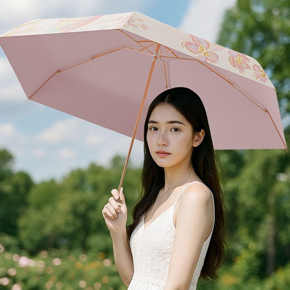 6 Ribs Design Sunscreen Umbrella Floral Pattern Rain Umbrella Portable Sunshade Umbrella Outdoor