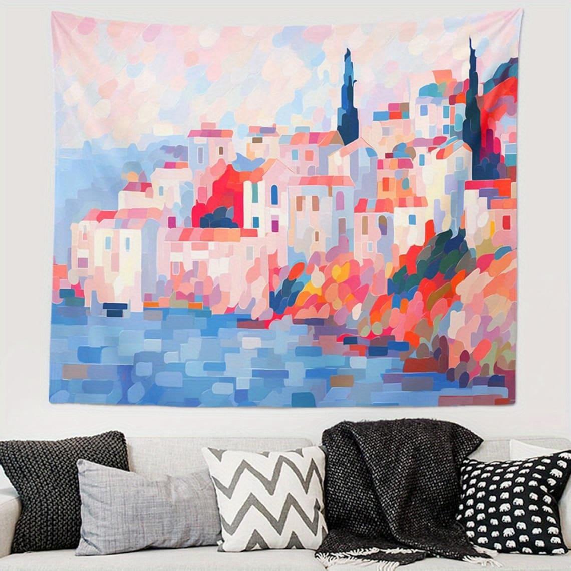 

Colorful Coastal Village Art Tapestry Perfect for Vibrant Scenic Inspiring Home Decor with Ocean Charm 74x94cm(29x37in)