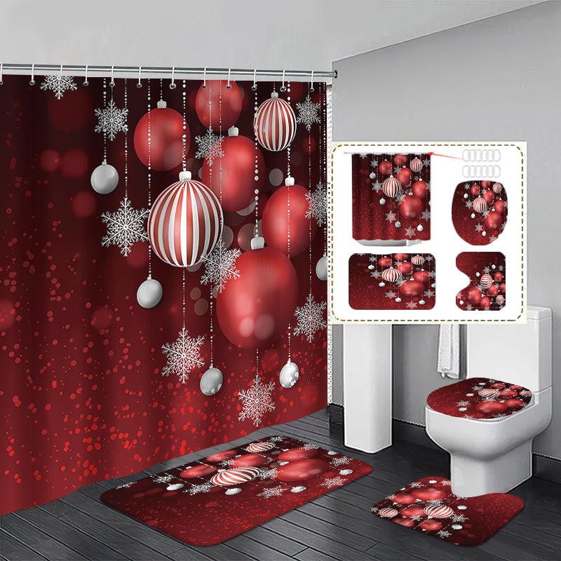4pcs Full Set Red Golden Christmas Shower Curtains Snowman Print Curtain 2025 New for New Year Bathroom Decoration With Hooks