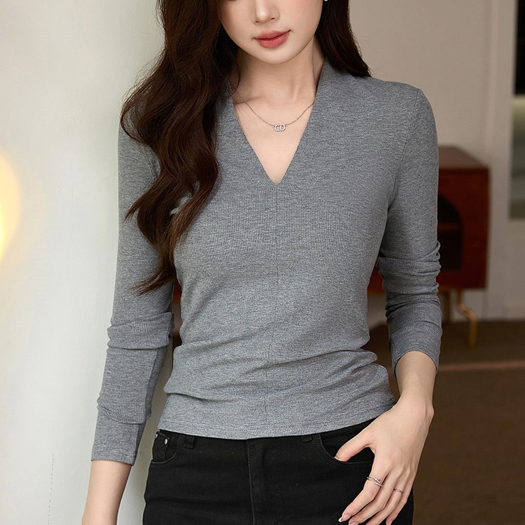 Temperament Deep V-neck T-shirt Women Long Sleeve Autumn New Slimming Slimming Bottom Shirt Top