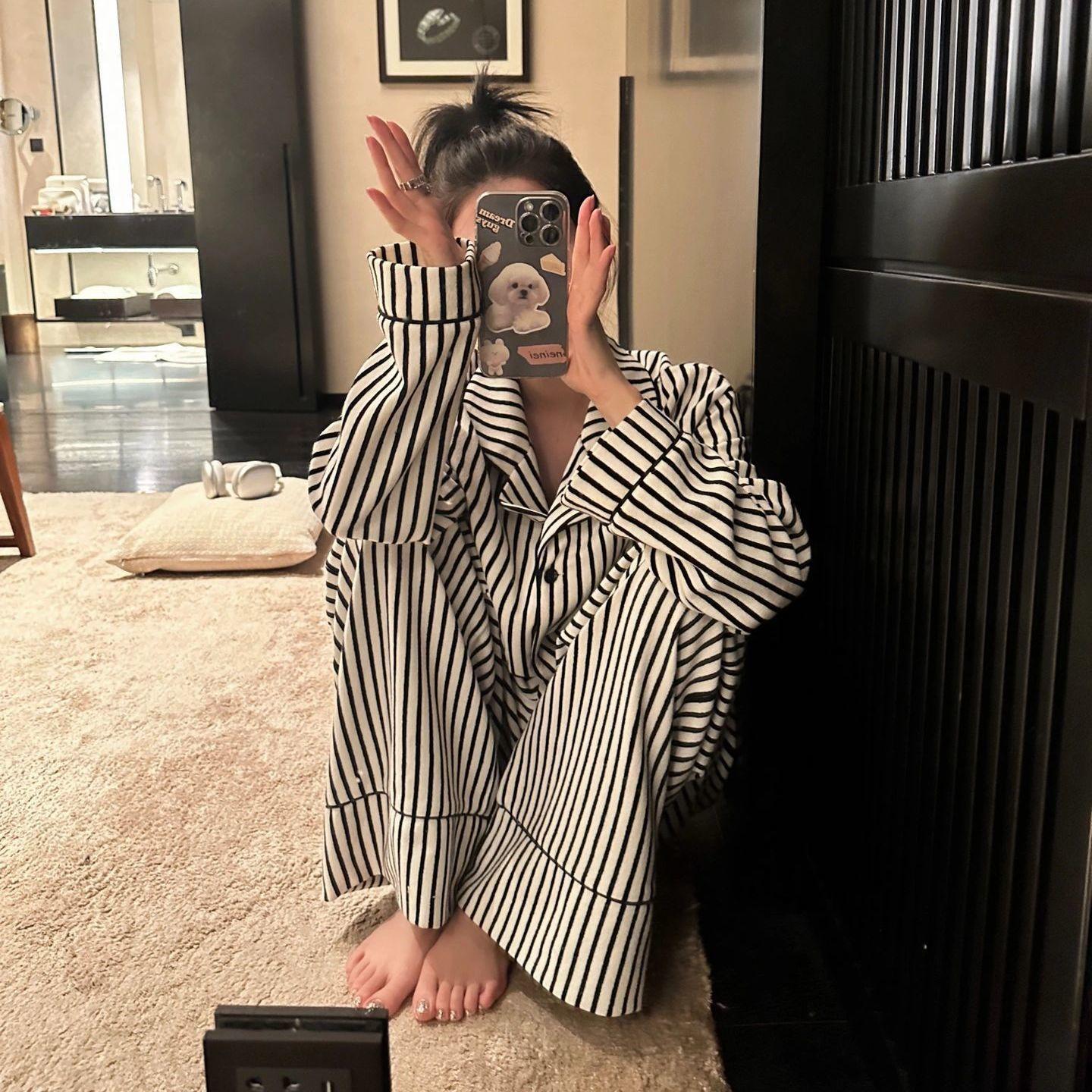 

Striped pajamas women s spring and autumn new long-sleeved trousers ins Japanese casual simple student homewear suit outer wear s [recommended weight 80-95]