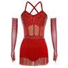 Women's Performance Dance Dress S-XXL: Sheer Mesh & Rhinestone Bodysuit with Tiered Tassel and Long Gloves for Tango