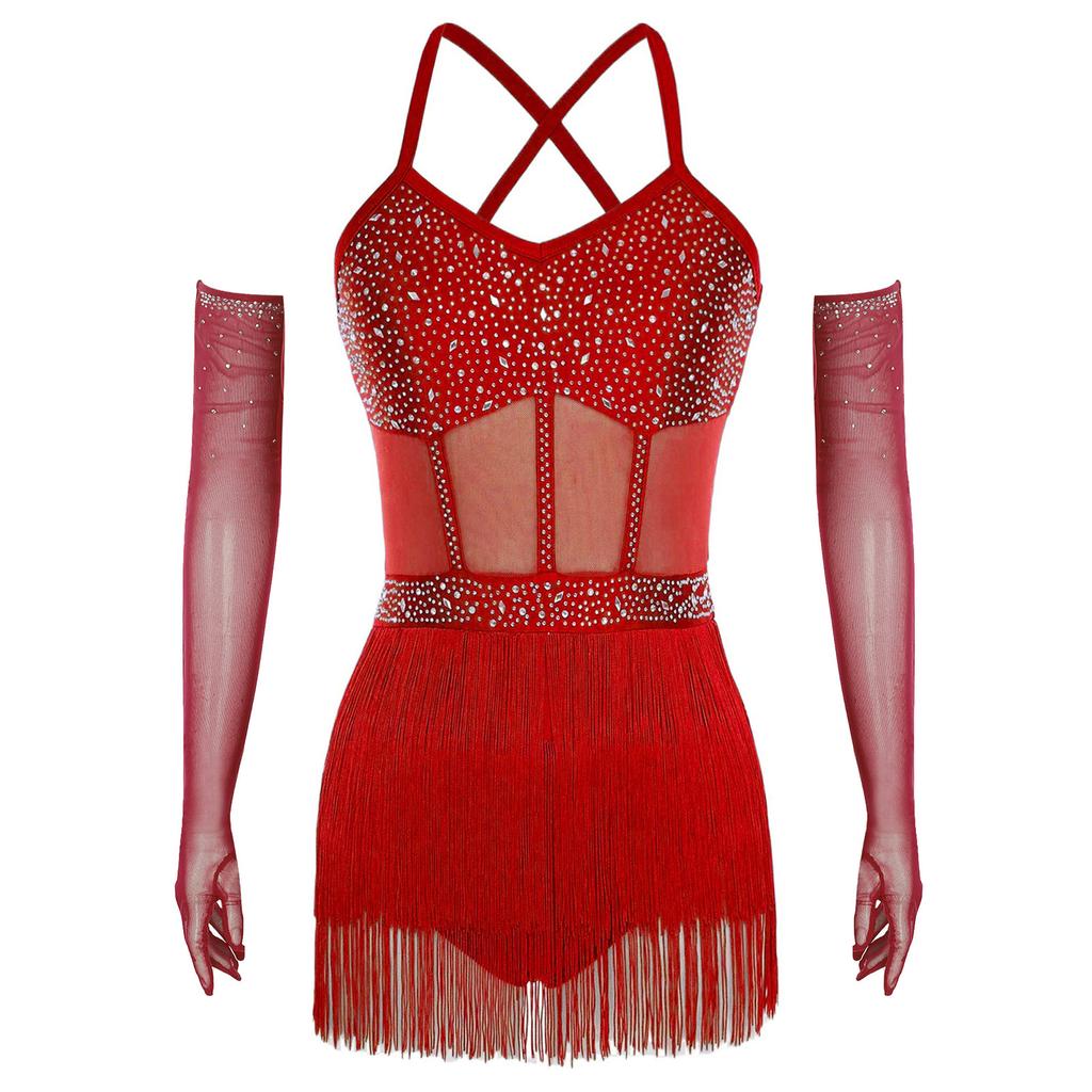 Women's Performance Dance Dress S-XXL: Sheer Mesh & Rhinestone Bodysuit with Tiered Tassel and Long Gloves for Tango