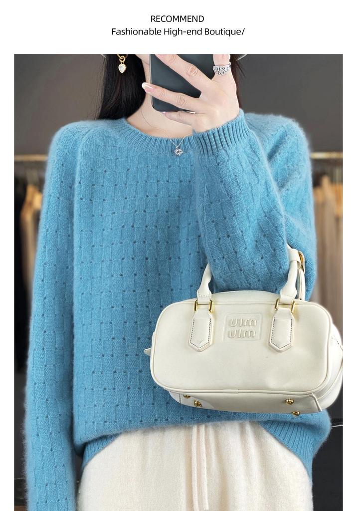 Women's Pure Wool Slimming Loose Fit Hollow Round Neck Sweater: Autumn/Winter Knit Pullover