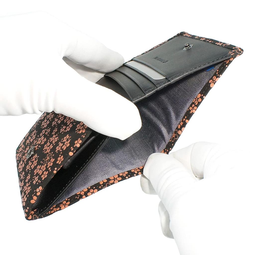 Indenya Inden Bifold Wallet with H-shaped Bill Compartment and Box-Shaped Coin Purse, Deerskin Leather, Black with Pink Lacquer, Forget-Me-Not