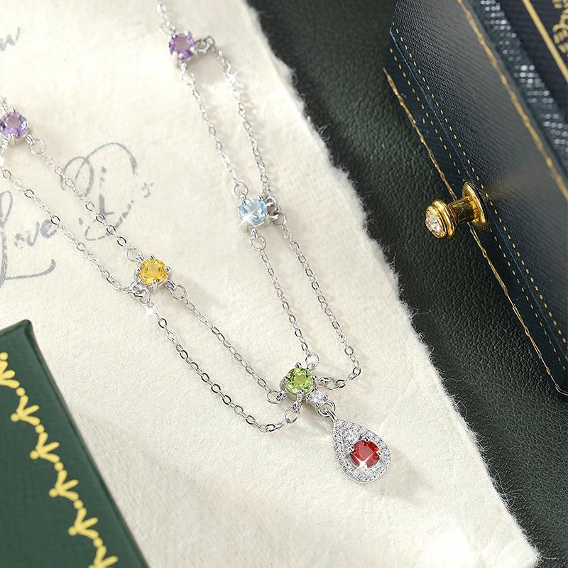 Natural Crystal Stone Rainbow Inlaid Necklace S925 Sterling Silver Collarbone Chain High-end Temperament Fashion Retro Jewelry Gift