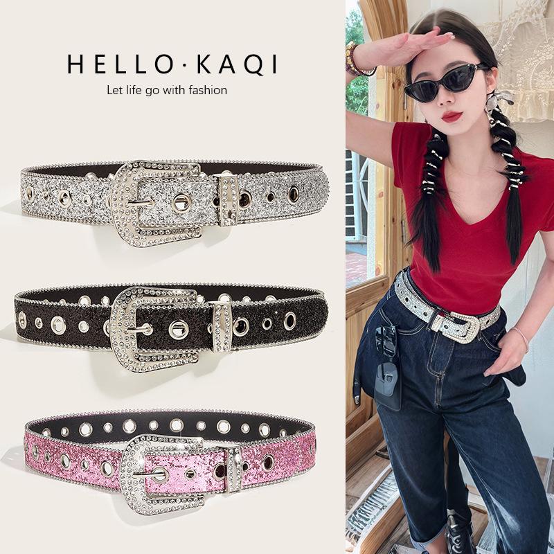 Y2K Punk Style Women's Sequin Rhinestone Leather Belt - Trendy Jean Accessory