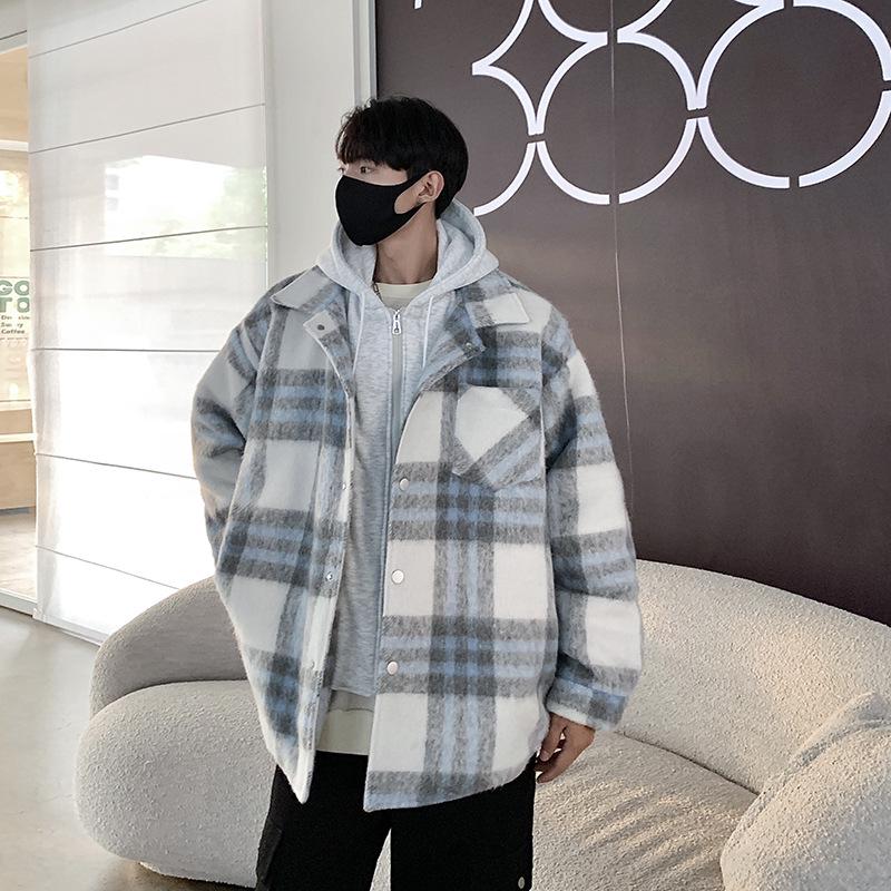 Men s American Plaid Woolen Hooded Jacket, Autumn/Winter Loose Fit, French-Inspired Layers L