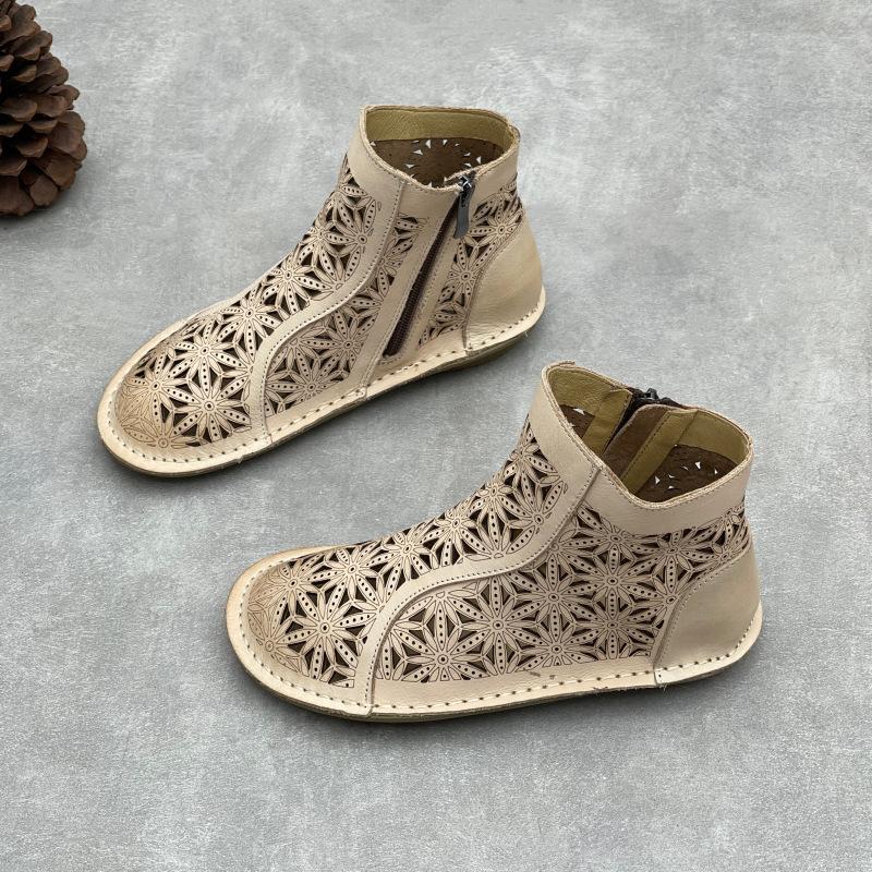 Johnature Stivali Estivi Artigianali Vintage in Vera Pelle Punta Tonda Piatta Traspiranti Traforati Scarpe da Donna