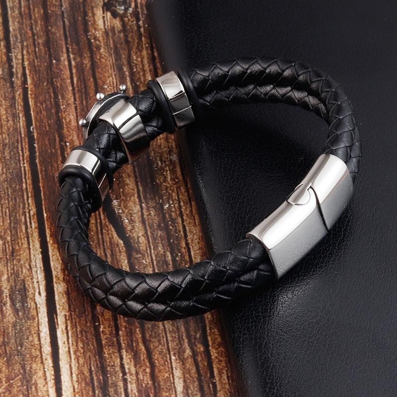 Black Genuine Leather Bracelet for Men Punk Braided Rope Steel Magnetic Button Male Bracelet Jewelry Birthday Gift